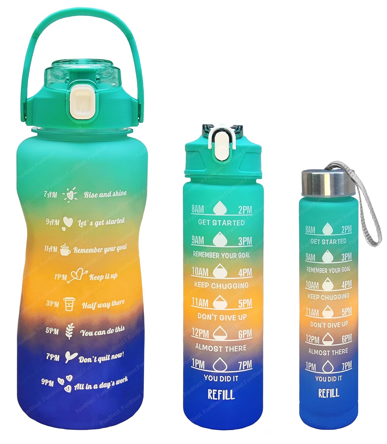 Motivational Water Bottle Set With Sipper - 3 Pieces (2L, 900ml, and 300ml) Light-weight, Leak-proof, BPA-free Water Bottle For Kids & Adults – Green
